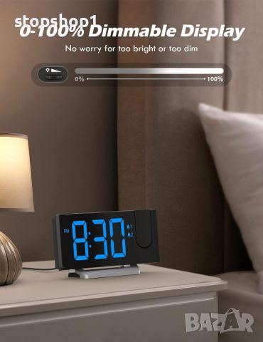 Прожекционен будилник с FM радио, USB порт за зареждане, димер 0-100%, двойни аларми, HD LED дисплей, снимка 6 - Тонколони - 46246373