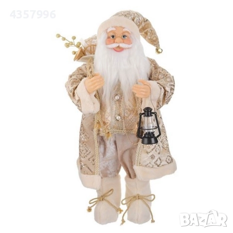 Коледна фигура Дядо Коледа с екрю облекло, фенер и часовник, 60cm