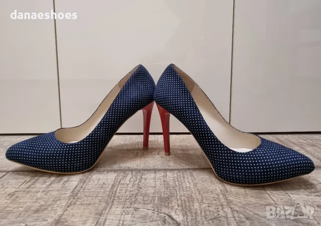 Дамски обувки в синьо на бели точки на висок ток , снимка 4 - Дамски елегантни обувки - 50074201