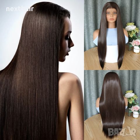 Кафява права лейс фронт перука Lace front 70 см, снимка 1 - Аксесоари за коса - 46729699