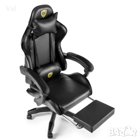 Черен геймърски стол с прибираща се поставка за крака – максимален комфорт при дълги часове игра, снимка 4 - Столове за офис - 53642095