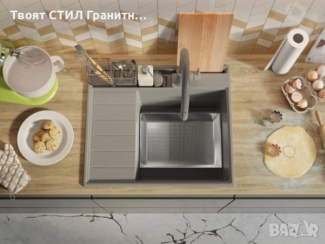 Сив гранитна кухненска мивка Сидни 620-45 Pocket Ergo Multilevel, снимка 4 - Мивки - 53813034