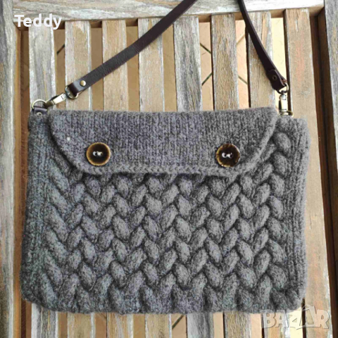 Стилна вълнена чанта с кожена дръжка, ръчно изработена, снимка 2 - Чанти - 53055026