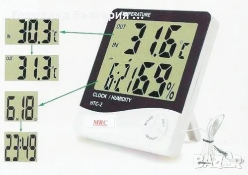 Термометър, влагометър и часовник 5в1 за вътрешна и външна температура