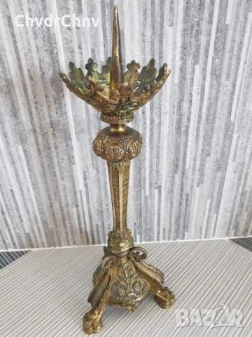 46см-3кг стар френски църковен бронзов свещник с фигури-гаргойли