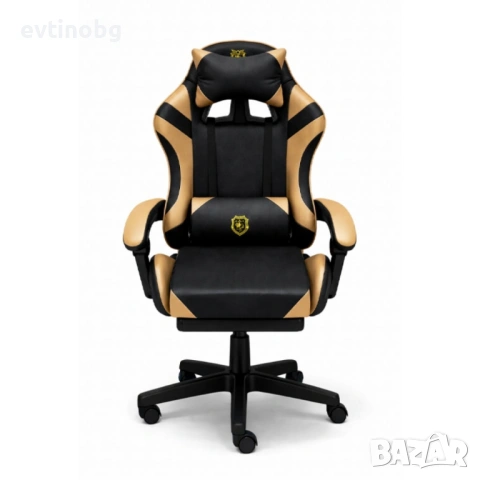 Геймърски стол с масажна функция, лумбална възглавница и поставка за крака – Черен-златист, снимка 6 - Столове - 53779709