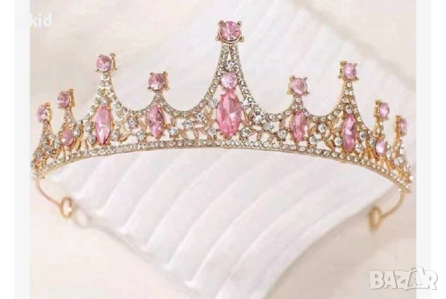 Златиста Метална с розови бели камъни елегантна корона тиара дамска детска за декор торта, снимка 3 - Аксесоари за коса - 51086797