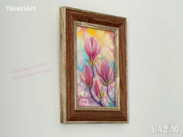Оригинална картина – магнолии – акварел – идея за подарък, снимка 3 - Картини - 53877627