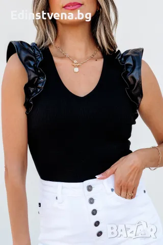 Разпродажба! Дамско елегантно боди в черно с къси кожени ръкави, снимка 6 - Други - 50065620