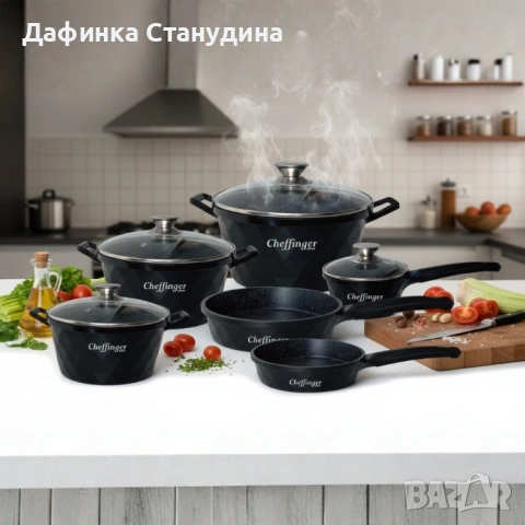 Премиум комплект съдове за готвене 12 части с мраморно покритие Cheffinger– Тенджери, тигани и касер, снимка 3 - Съдове за готвене - 53131344