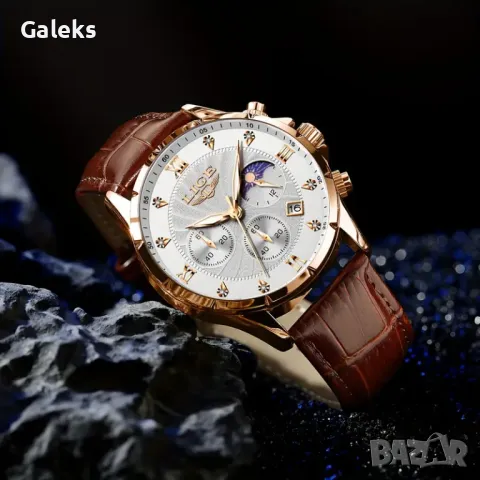 Мъжки кварцов хронограф LIGE*/ Бизнес стил с кафява каишка, дата и функция за ден и нощ!, снимка 12 - Мъжки - 49934355