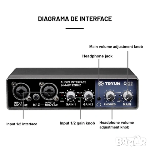Професионална външна звукова карта Teyun Q-22 – 24-bit/192kHz Аудио интерфейс, снимка 13 - Ресийвъри, усилватели, смесителни пултове - 53828028