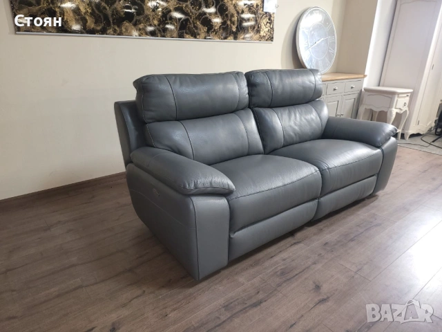 Италиански сив кожен диван тройка Lorenzo с ел. релакс механизъм, снимка 7 - Дивани и мека мебел - 53692889