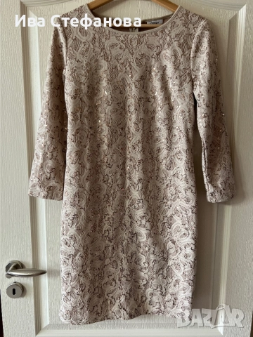 Нова парти коктейлна официална елегантна къса бежова екрю златна рокля пайети паетена , снимка 2 - Рокли - 51847373