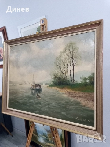Атмосферна маслена картина "Пейзаж с лодка" (Regehbar '86) - 68x88 см, снимка 2 - Картини - 51967072