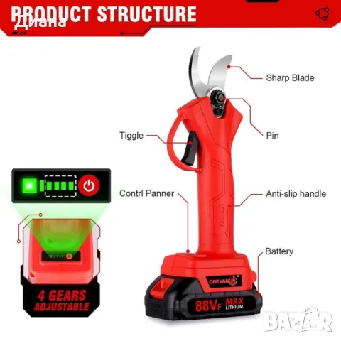 Акумулаторна ножица за рязане на лозя с две мощни батерии и куфар с удобна дръжка, снимка 3 - Градински инструменти - 48347651