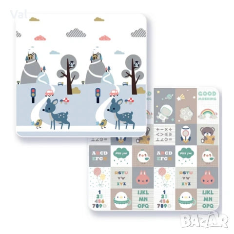 Двулицев образователен детски килим Азбука, цифри и животни 180 х 200 см - водоустойчив, сгъваем