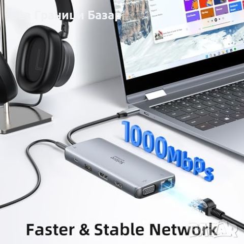 Нова USB C докинг станция за лаптоп с HDMI, DP, VGA и RJ45 12 в 1 хъб, снимка 6 - Мрежови адаптери - 46566620