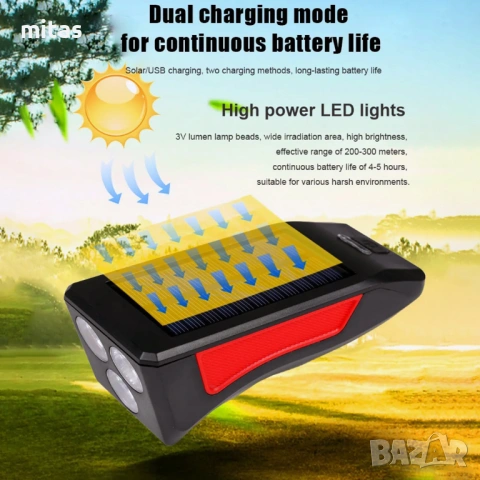 Соларна LED светлина за велосипед с клаксон - 350Lum, 120dB, 3 режима, снимка 12 - Аксесоари за велосипеди - 30315167