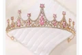 Златиста Метална с розови бели камъни елегантна корона тиара дамска детска за декор торта, снимка 3