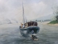 Атмосферна маслена картина "Пейзаж с лодка" (Regehbar '86) - 68x88 см, снимка 1