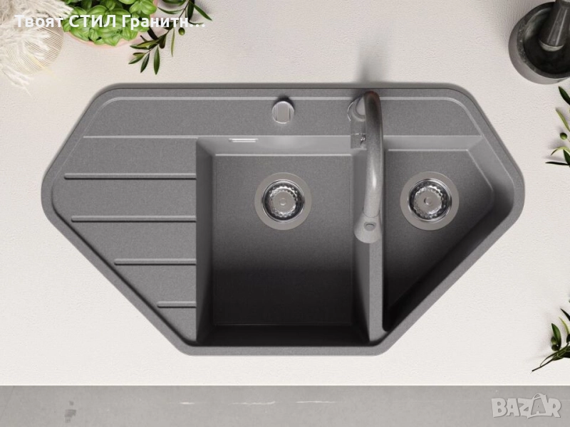 Сива ъглова кухненска гранитна мивка Копенхаген 900 Corner 900x500 мм, снимка 1