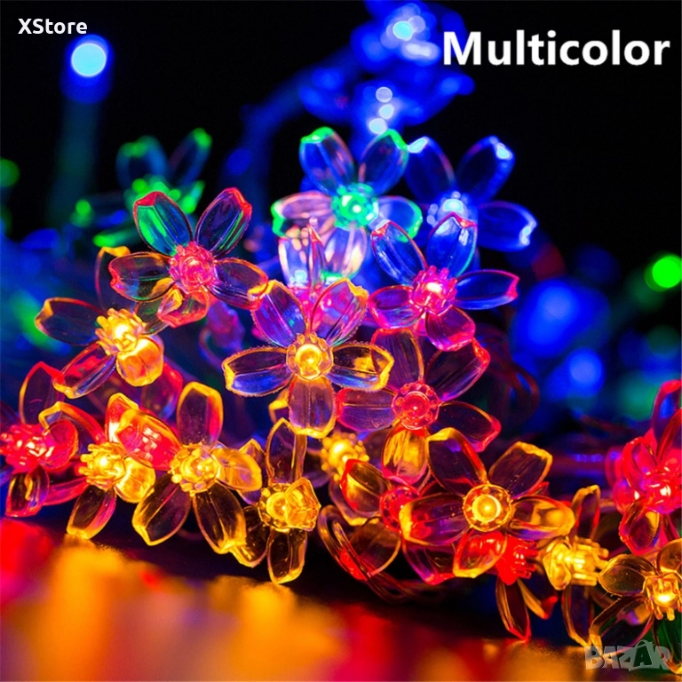 Многоцветни коледни LED лампички с цветя с щепсел - Многоцветни, дължина - 5м, 28бр лампички., снимка 1