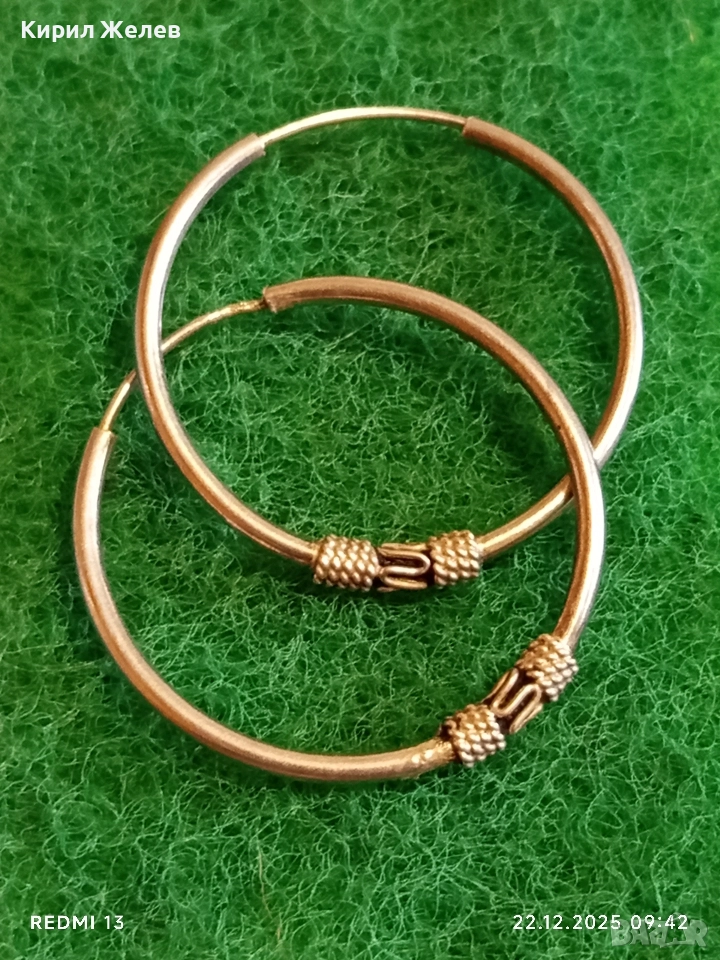 Винтидж сребърни обеци тип халка с класическа орнаментика КРАЛСКА ПЛЕТКА ръчна изработка 17618, снимка 1