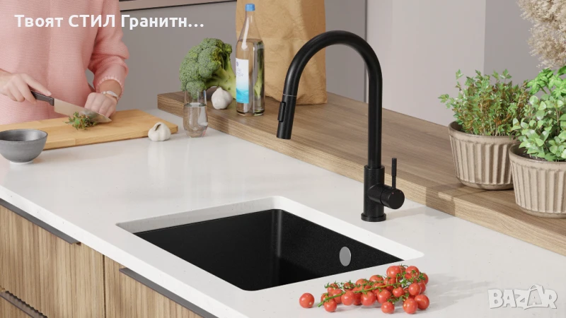 черна кухненска мивка за вграждане под плот Венеция 60 560x440 мм, снимка 1