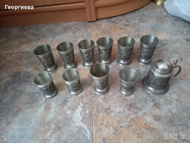 Оловно-цинкови немски чашки и малка халба, снимка 1