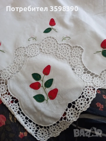 Памучна покривка с апликации и плетени елементи 260×170 см., 12 салфетки , снимка 2 - Покривки за маси - 53848483
