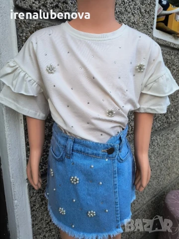 Разкошен комплект тениска и дънки с камъни, снимка 5 - Детски комплекти - 50719446