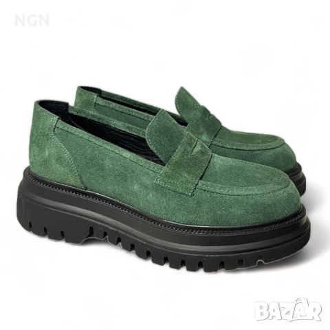 Модерни дамски лоуфъри в тъмно зелен естествен велур с класическа визия , снимка 7 - Дамски ежедневни обувки - 45082733