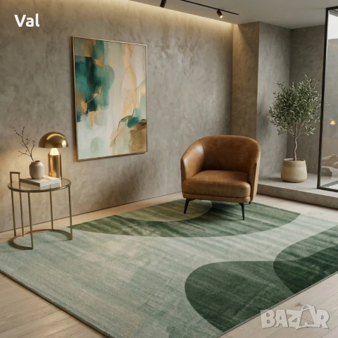 Модерен килим за хол 120х160см - Зелени вълни на светъл фон и 3D ефект, Противоплъзгащ, снимка 5 - Килими - 53934044