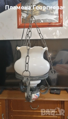 Старинни винтидж полюлеи от ковано желязо, стъкло и порцелан, снимка 3 - Лампи за таван - 54112186