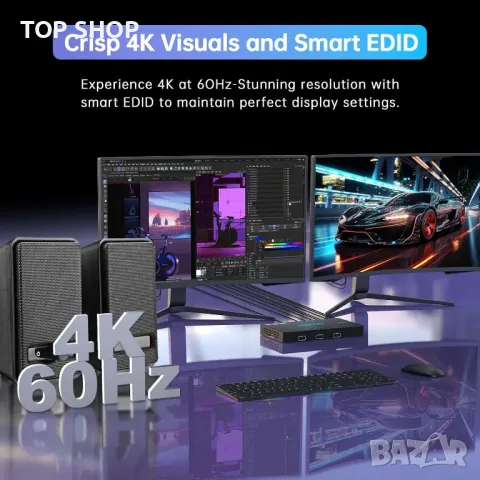4K@60Hz HDMI KVM превключвател, 2 монитора-2 компютъра, EDID,4 USB 3.0, снимка 4 - Кабели и адаптери - 49417974