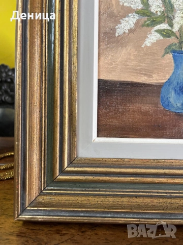 Маслена картина с букет от бял люляк Рисувана върху фазер Размери-31/57 с рамката и без нея-16/22 см, снимка 4 - Картини - 53716215