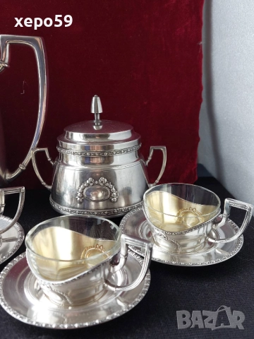 Посребрен комлект за кафе-каничка, захарница, и чашки за кафе/чаша ,сребро, кана/, снимка 5 - Сервизи - 52351137
