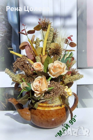 Рози в керамичен чайник, снимка 2 - Подаръци за рожден ден - 53796881