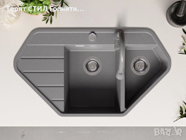 Сива ъглова кухненска гранитна мивка Копенхаген 900 Corner 900x500 мм