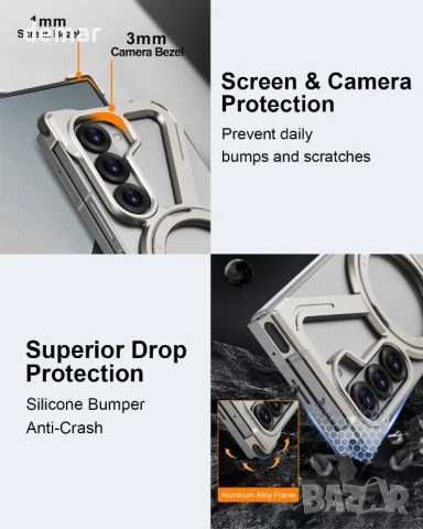 XAOVUIR калъф за Samsung Galaxy Z Fold 6 с магнитна въртяща се стойка, сребрист, снимка 7 - Калъфи, кейсове - 50595231