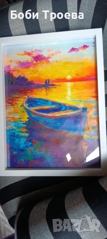 Средиземноморски крайбрежен пейзаж с лодка,синьо море,залез, снимка 3 - Картини - 51974449