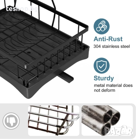 Сушилник за съдове, 2-етажeн, неръждаема стомана, черен Doitsf, снимка 3 - Сушилници - 52396568