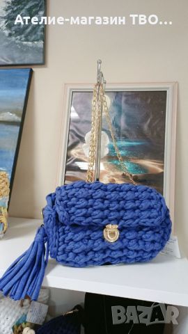 Дамска плетена чанта-синя, снимка 1 - Чанти - 46379907