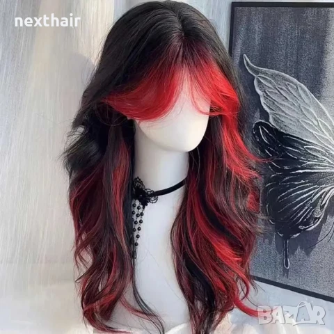 Ефектна омбре черна перука с червени кичури и краища, снимка 6 - Аксесоари за коса - 50561290