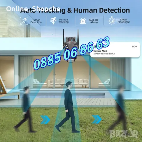 Безжична WiFi IP камера с 3 обектива 10MPx, нощно виждане, 360°, iCSee, микрофон, снимка 3 - IP камери - 50303550