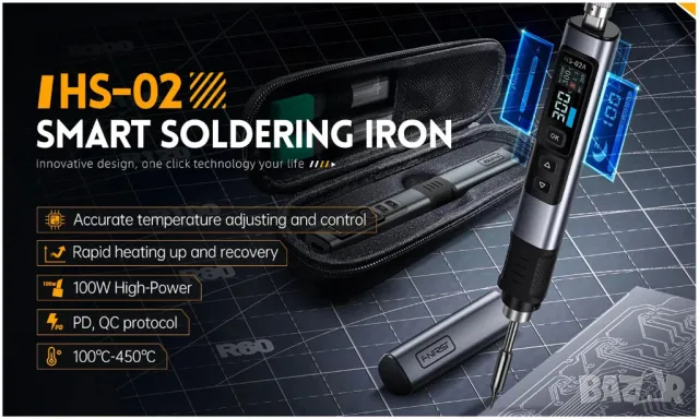 Преносим интелигентен поялник FNIRSI HS-02B / черен, снимка 3 - Поялници и запояване - 49823302