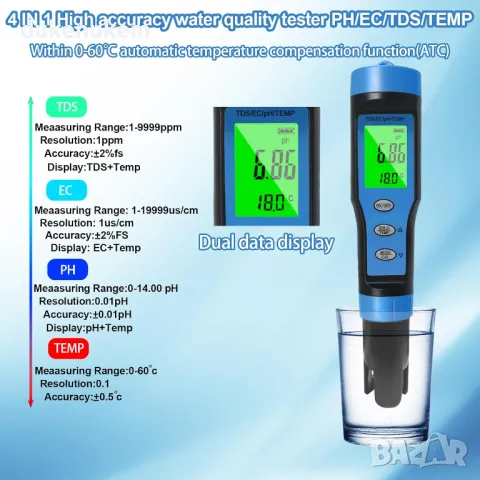 НОВ! pH тестер – 4 в 1 за измерване на pH/TDS/EC/температура, снимка 6 - Друга електроника - 48391696