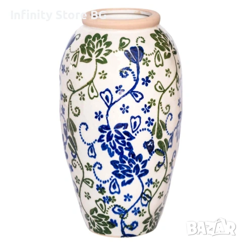 🌿 Керамична ваза с флорален мотив – синьо и зелено 🌿