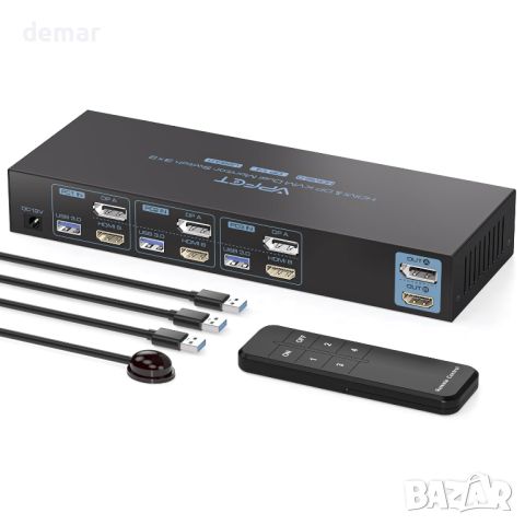 AILVLVNG KVM суич HDMI+DP 2 монитора 3 компютъра 4K60Hz, с 4 USB порта, снимка 1 - Друга електроника - 45367706